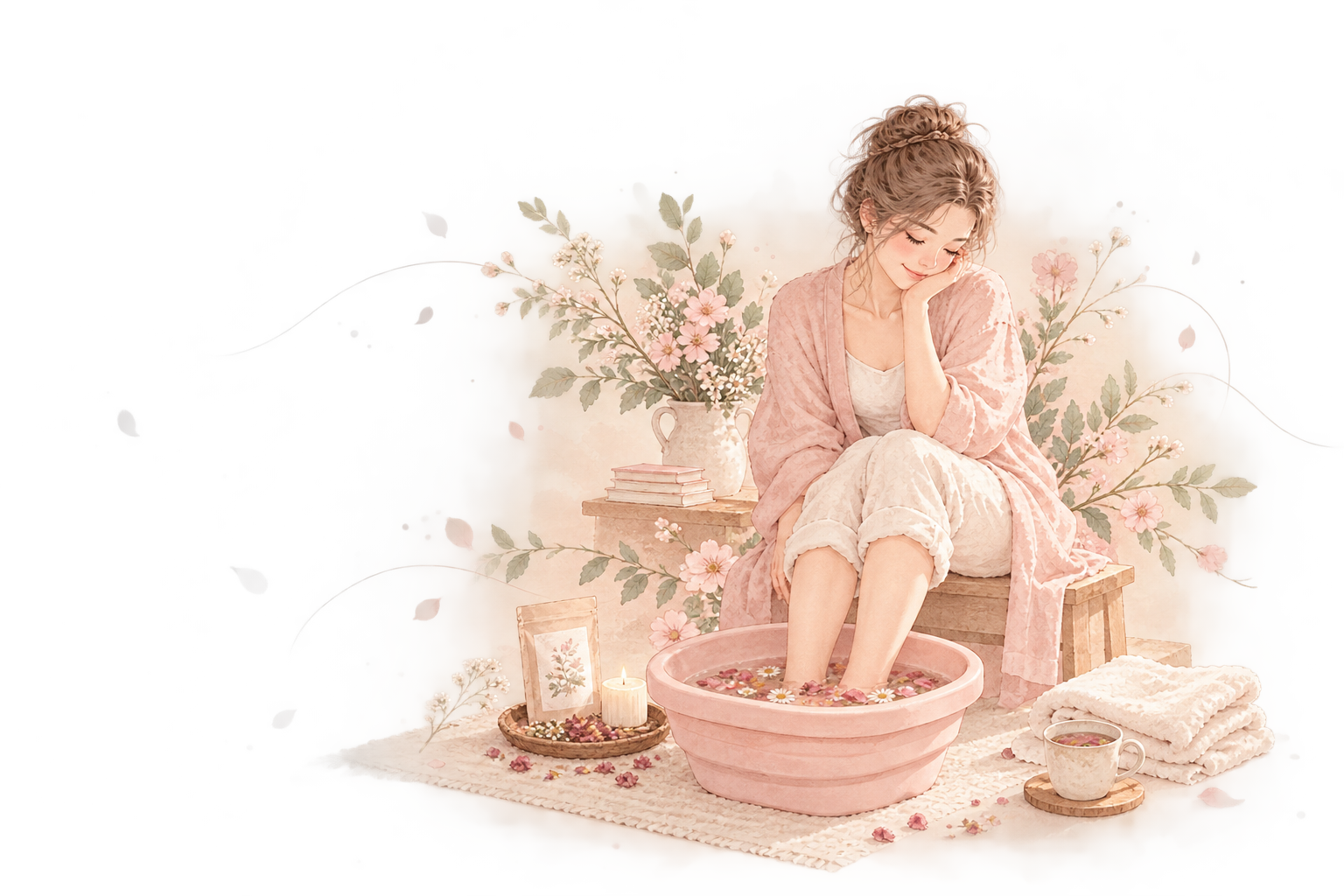 水彩插画：女性在家中泡脚，旁边有柔软毛巾与草本用品